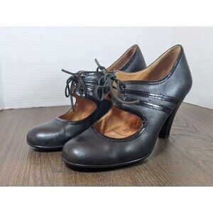 Sofft Leather Lace Up Heels Womens 9 N Black Mary Jane Granny Secretary Retro